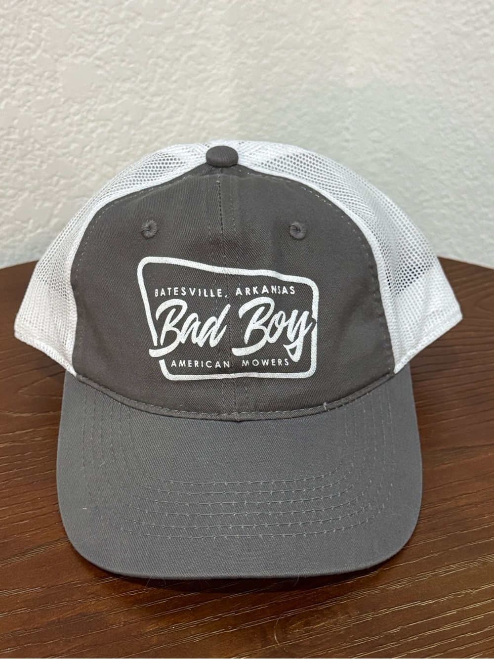 Bad Boy Mower Batesville Arkansas Logo Trucker Hat - Gray and White